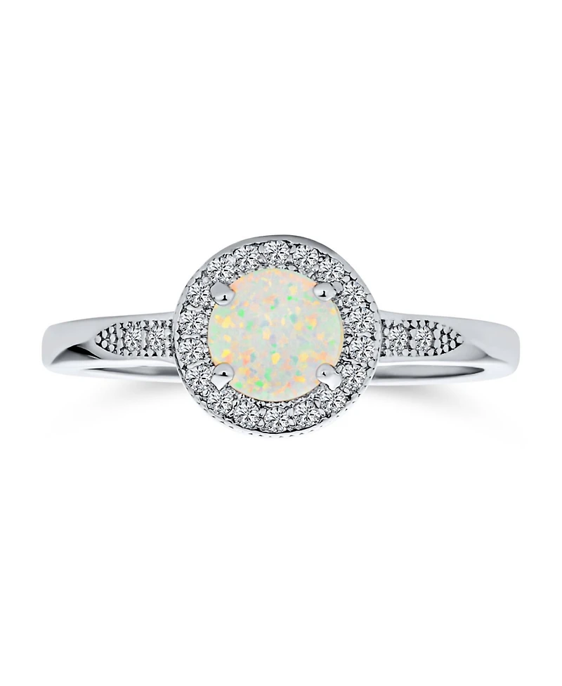 Bling Jewelry Petite Dainty Cz Halo Circle 1CT Round Solitaire Created White Opal Ring With Side Stone Accent Ring .925 Sterling Silver