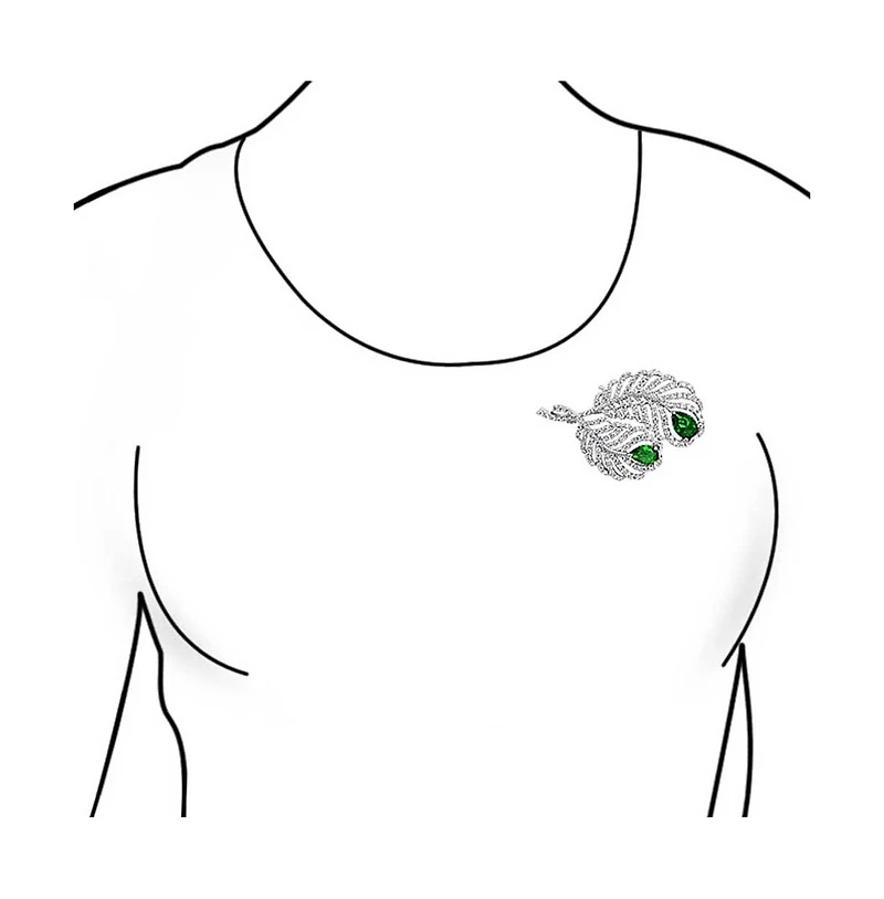 Bling Jewelry Classic Brooch Pin with Cz Peacock Feather and Green Cz Teardrop Shape