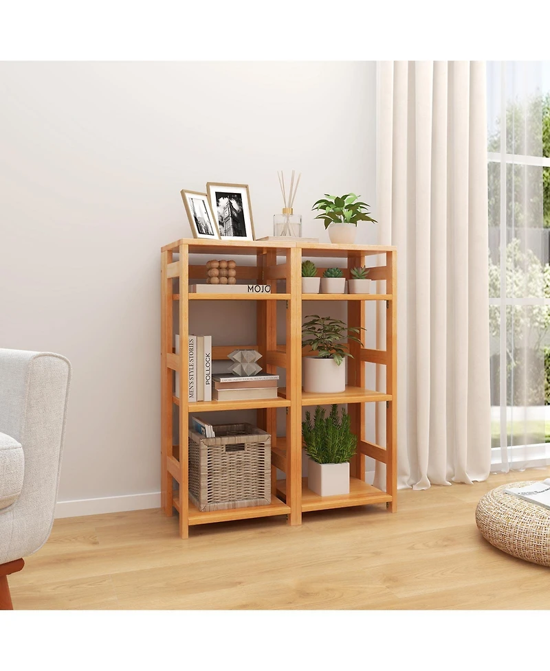 4-Tier Bookshelf Rubber Wood Bookcase with Side Fences for Living Room