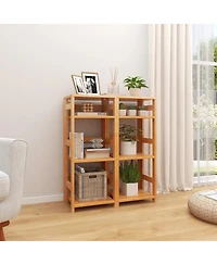 4-Tier Bookshelf Rubber Wood Bookcase with Side Fences for Living Room