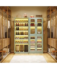 Tribesigns Tall Shoe Cabinet with Acrylic Doors and Led Lights, 8-Tier Entryway Storage Rack Adjustable Shelves Hanging Hooks