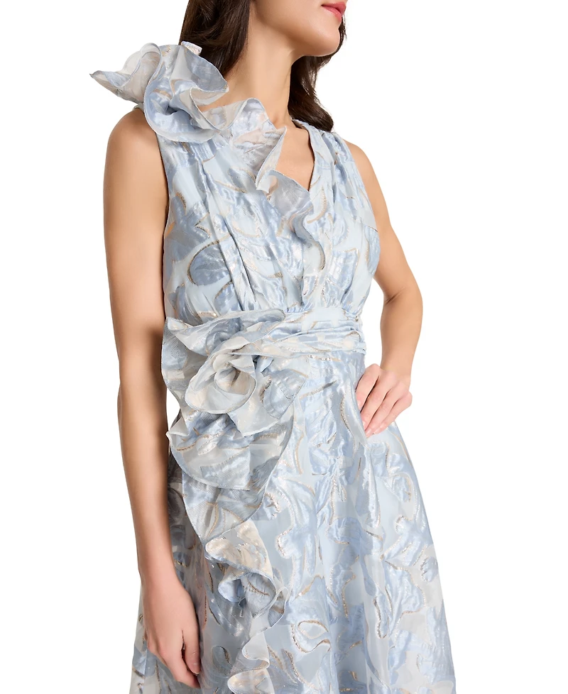Tahari Women's V-Neck Ruffled Sleeveless Midi Dress
