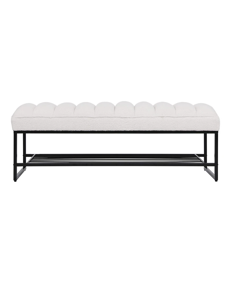 Modern Tufted Bench With Metal Shelf, Sherpa Upholstered Benches, Free Standing Shoe Organizer, End Of Bed Ottoman For Bedroom Living Room Entryway