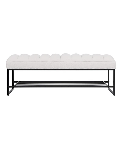 Modern Tufted Bench With Metal Shelf, Sherpa Upholstered Benches, Free Standing Shoe Organizer, End Of Bed Ottoman For Bedroom Living Room Entryway