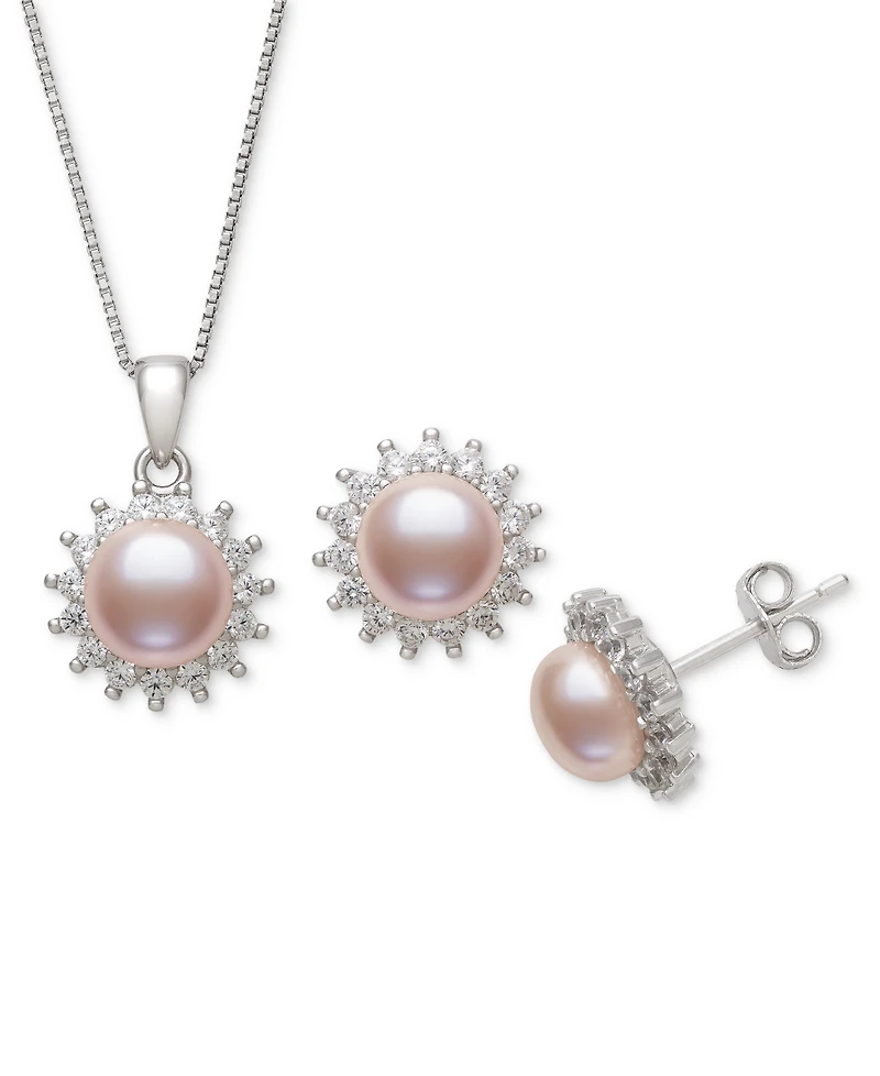 Belle de Mer Dyed Black Peacock Cultured Freshwater Pearl (6-7mm) & Lab-Created Sapphire (1-3/4 ct. t.w.) Pendant Necklace & Stud Earrings Set in Ster