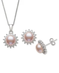 Belle de Mer Dyed Black Peacock Cultured Freshwater Pearl (6-7mm) & Lab-Created Sapphire (1-3/4 ct. t.w.) Pendant Necklace & Stud Earrings Set in Ster