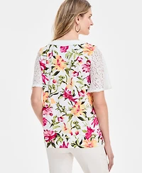 Jm Collection Women's Printed Lace V-Neck Top, Exclusively at Macy's