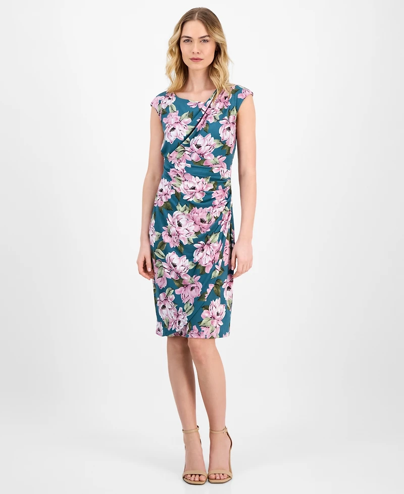 Connected Women's Printed Gathered Cap-Sleeve Sheath Dress