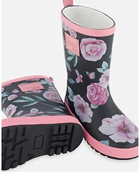 Deux par Deux Girl Printed Rain Boots Pink, Black, And Flowers - Toddler|Child