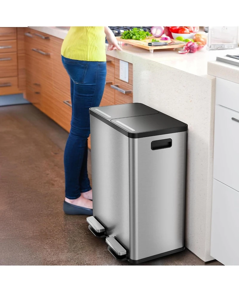 iTouchless SoftStep 16 Gallon Stainless Steel Dual Compartment Combo Step Pedal Trash Can and Recycle Bin with Dual Odor Filters and Color-Coded Remov