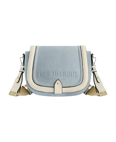True Religion Distressed Logo Denim Saddle Bag