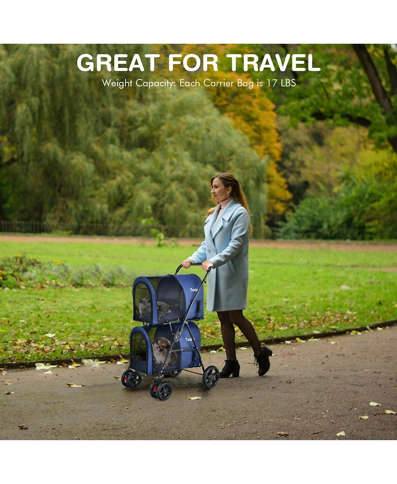 4-in-1 Double Pet Stroller with Detachable Carrier and Travel Carriage