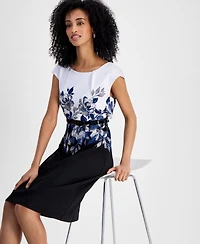 Connected Petite Jewel-Neck Printed Scuba Sheath Dress