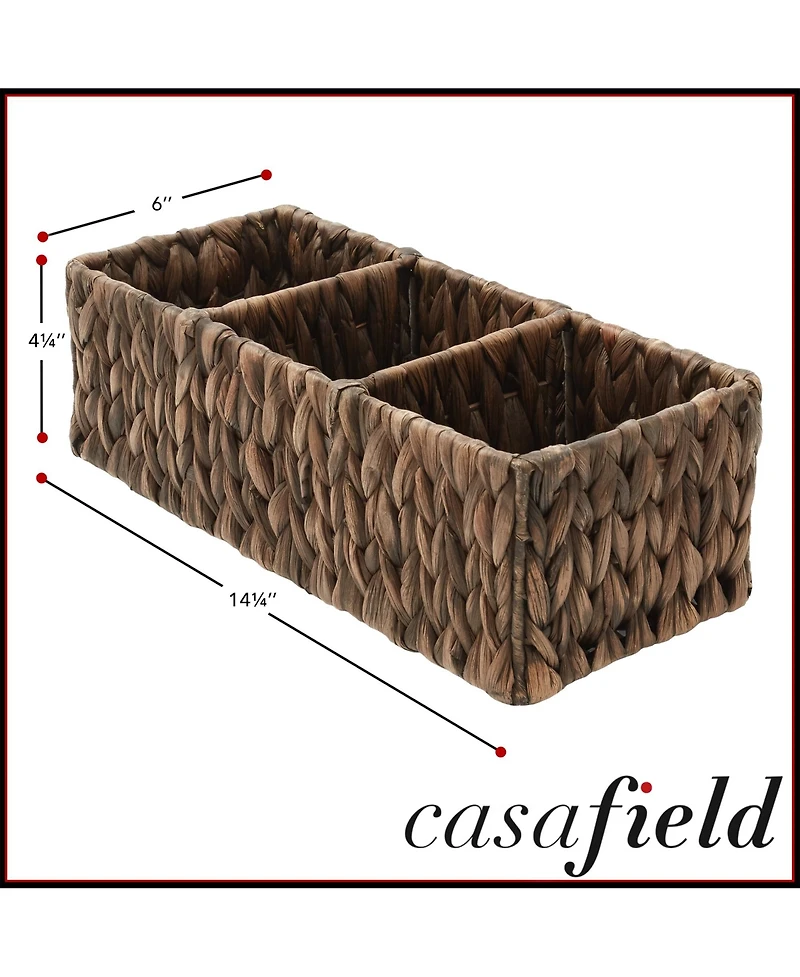 Casafield Set of 2 Water Hyacinth Storage Baskets with 3 Sections, Espresso - Woven Bin Organizers for Bathroom, Laundry, Pantry, Office, Shelves