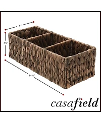 Casafield Set of 2 Water Hyacinth Storage Baskets with 3 Sections, Espresso - Woven Bin Organizers for Bathroom, Laundry, Pantry, Office, Shelves