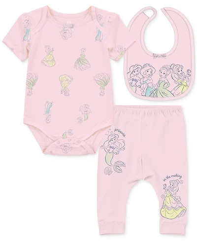 Disney Baby Girls Princesses Bodysuit, Pants & Bib, 3 Piece Set