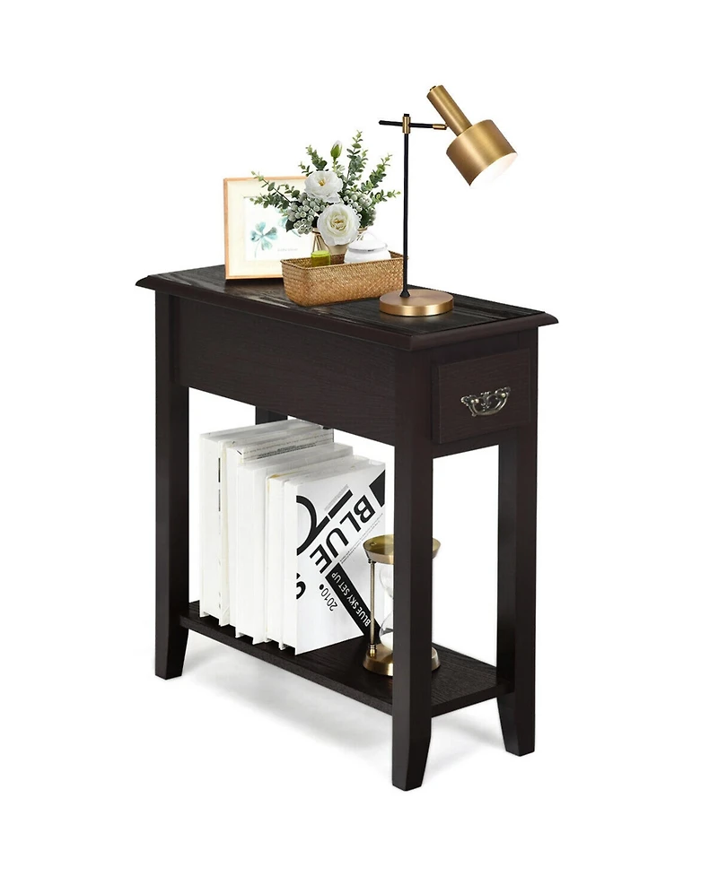 Gymax 2 Tier End Bedside Sofa Side Table Narrow Nightstand w/Drawer &Shelf