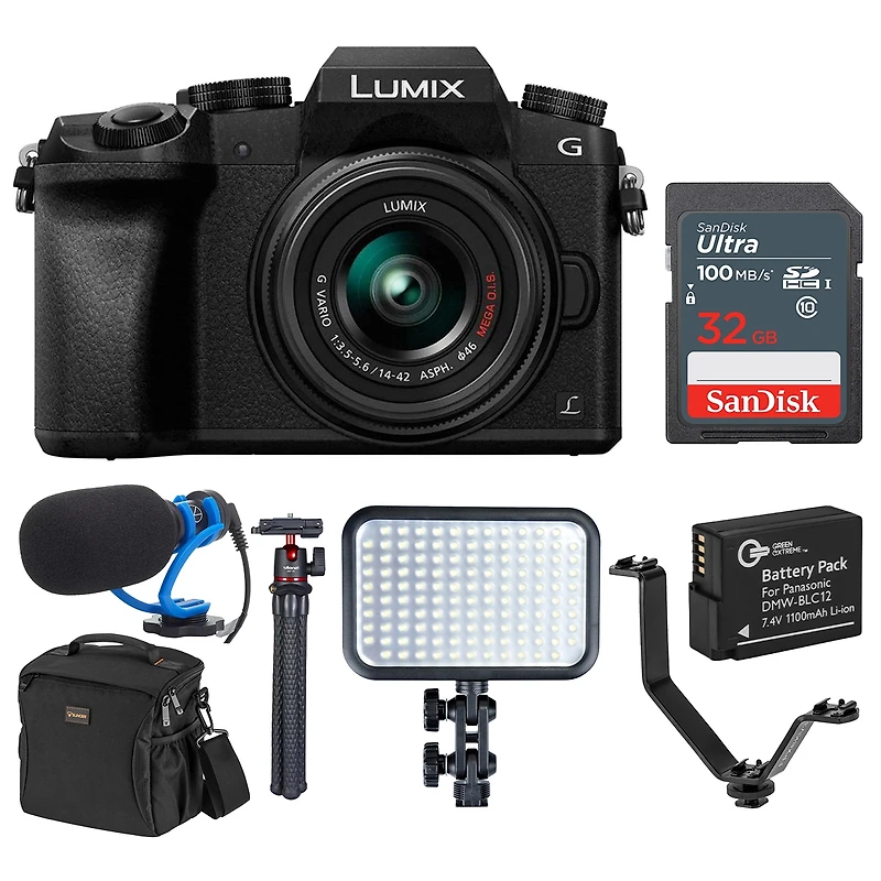 Panasonic Panasonic Lumix G7 4K Mirrorless Digital Camera Black with 14-42mm Lens, 16 Megapixel, Bundle with Marantz Microphone, Led Light, Joby Goril