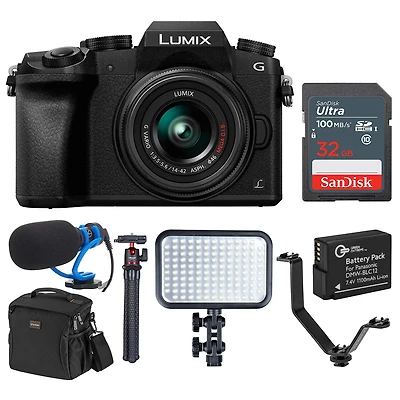 Panasonic Panasonic Lumix G7 4K Mirrorless Digital Camera Black with 14-42mm Lens, 16 Megapixel, Bundle with Marantz Microphone, Led Light, Joby Goril