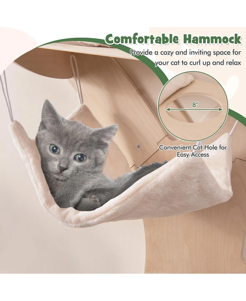 Wall-Mounted Cat Tower with Hammock, Platforms & Scratching Mat Space-Saving Climbing Playset for Cats