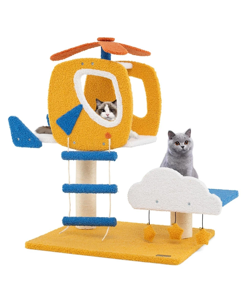 Indoor Small Aviation-Themed Cat Tree with Helicopter Top Perch Fun & Cozy Playhouse for Cats