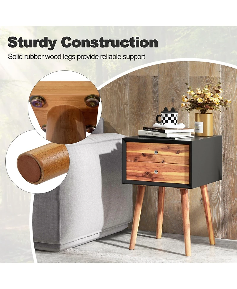 Gymax 2PCS Wooden Nightstand Mid-Century End Side Table Living Room W/2 Storage Drawer