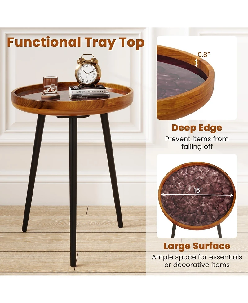 Round End Table with Sea Shell Inlay and Epoxy Resin Top for Living Room Decor