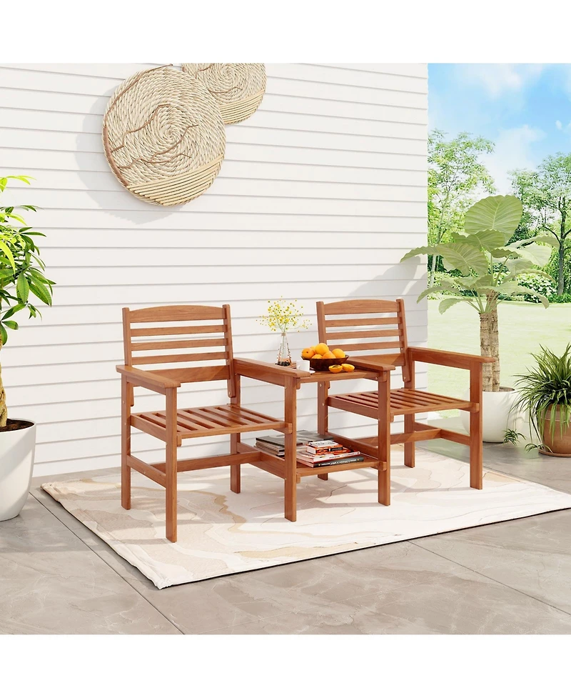 Outdoor Patio Wood 2-Seat Conversation Set with Coffee Table and Umbrella Hole
