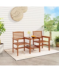 Outdoor Patio Wood 2-Seat Conversation Set with Coffee Table and Umbrella Hole