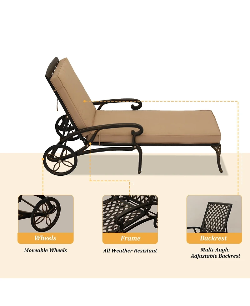 Outdoor Chaise Lounge with Cushions Patio Chairs Wheels & Adjustable Backrest Aluminium Pool Sun Lounges for Outside, Beige