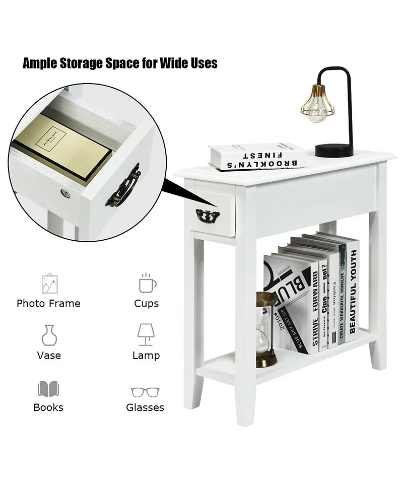 Gymax 2 Tier End Bedside Sofa Side Table Narrow Nightstand w/Drawer &Shelf