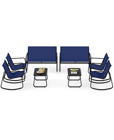 8 Pcs Patio Rocking Set 4 Rocking Chairs & Loveseat with Glass-Top Table Outdoor