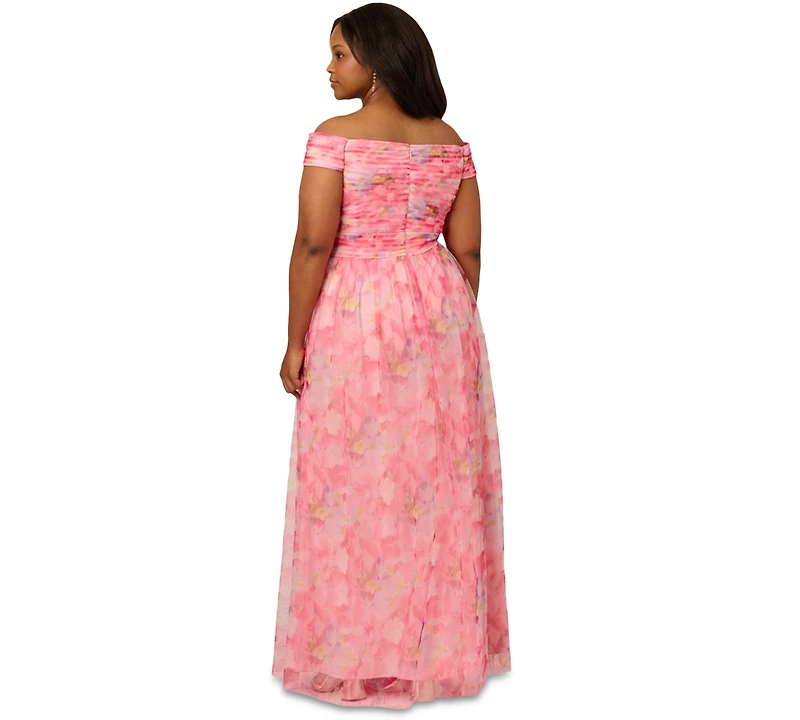 Adrianna Papell Plus Printed Tulle Off-the-Shoulder Gown