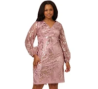 Adrianna Papell Plus V-Neck Long-Sleeve Sequin Sheath Dress