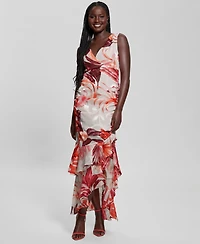 Guess Women's Ava Printed Mesh Ruffled Maxi Dress