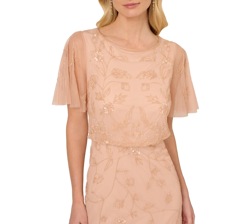 Adrianna Papell Women's Beaded Flutter-Sleeve Gown