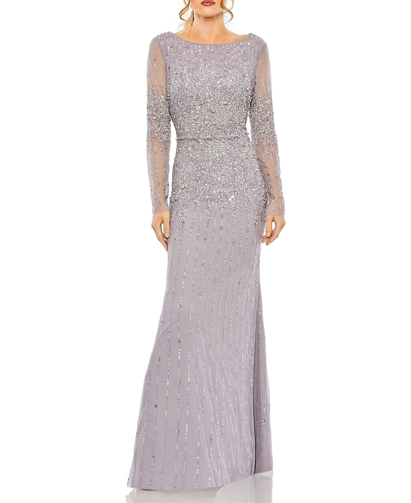 Mac Duggal Women's High Neck Sequin Embellished Long Sleeve A Line Gown
