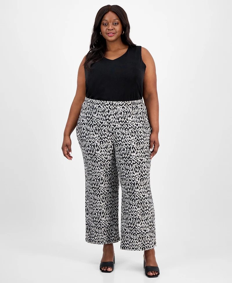 Kasper Plus Printed Wide-Leg Pull-On Pants