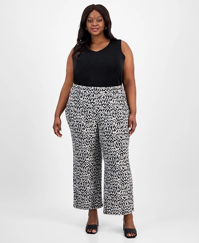 Kasper Plus Printed Wide-Leg Pull-On Pants