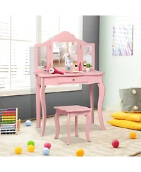Kids Makeup Dressing Mirror Vanity Table Stool Set