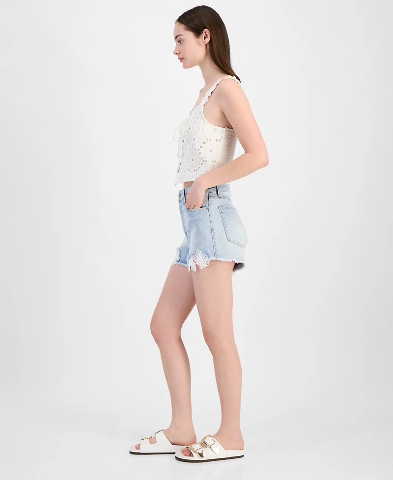 Tinseltown Juniors' Lace-Detailed Denim Mom Shorts