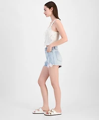 Tinseltown Juniors' Lace-Detailed Denim Mom Shorts