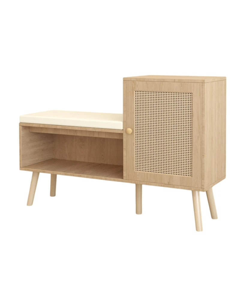 Streamdale 2-in-1 Shoe Bench with Cushion, Storage Shelves, and Natural Rattan