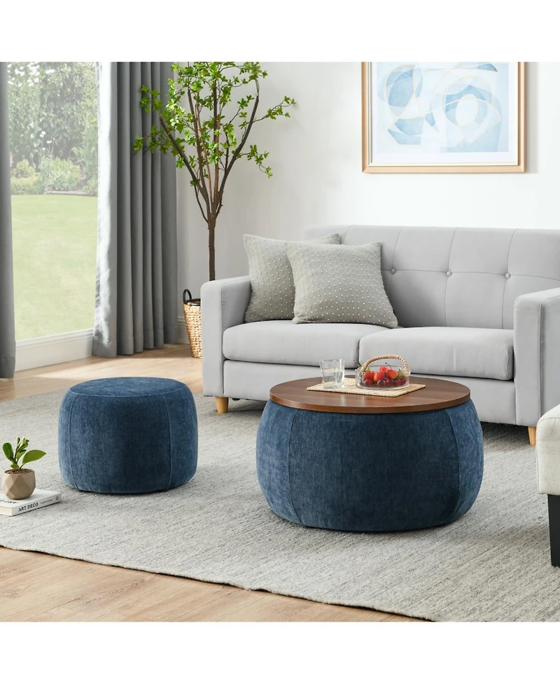 Streamdale Round Storage Ottoman, 2 in 1 Function, Work as End table and Ottoman,with small seat,Dark blue(25"x25"x14.7")