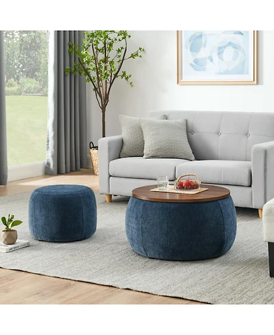 Streamdale Round Storage Ottoman, 2 in 1 Function, Work as End table and Ottoman,with small seat,Dark blue(25"x25"x14.7")