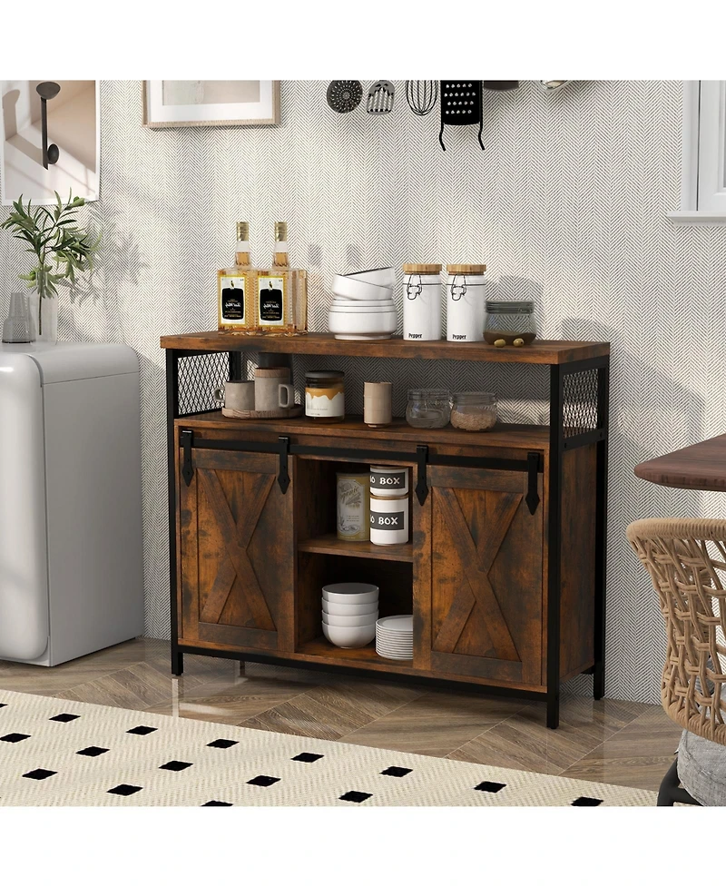 Buffet Cabinet with 3-Level Adjustable Shelves and 2 Sliding Barn Doors