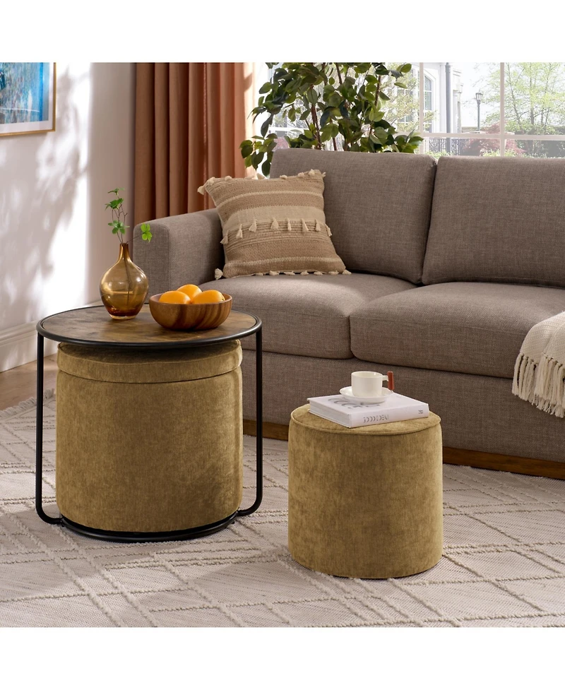 Streamdale Ottoman with Table & Drum Stool, Multi-Functional w/ Storage - Dark Yellow