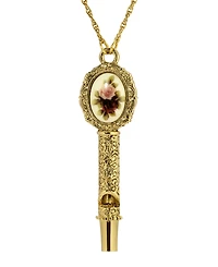 2028 Gold Tone Pink Flower Decal Whistle Necklace