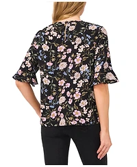 CeCe Women's Floral Crewneck 3/4-Sleeve Ruffled Cuff Blouse