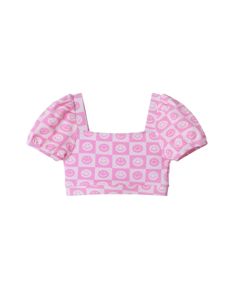 Toddler/Child Girls Smiley Print Textured Puff Sleeve Bikini